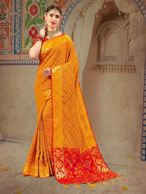 

Ethnic Junction Women's Mustard & Gold-Toned Woven Design Zari Silk Blend Banarasi Saree