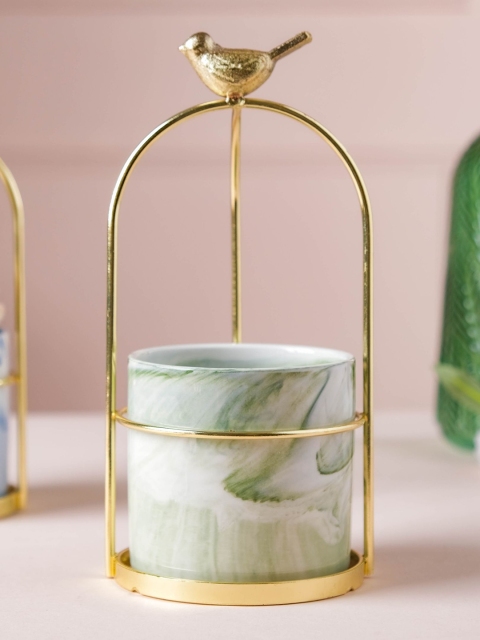 

Nestasia White & Gold-Toned Printed Ceramic Planter With Holder