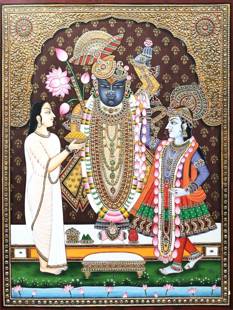 

Exotic India Brown & Beige Divinne Lord Shrinath with Yamuna Ji Painting