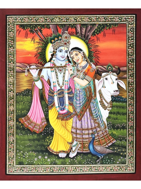 

Exotic India Multicoloured Loving Bond of Radha-Krishna Amidst the Calming Sunset Painting, Multi