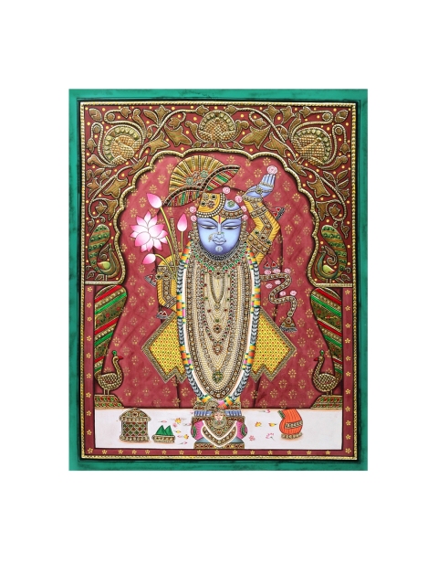 

Exotic India Multicolored Jewelled Lord Shrinath Having A Rich Aura Hand-Painted Wall Art, Multi