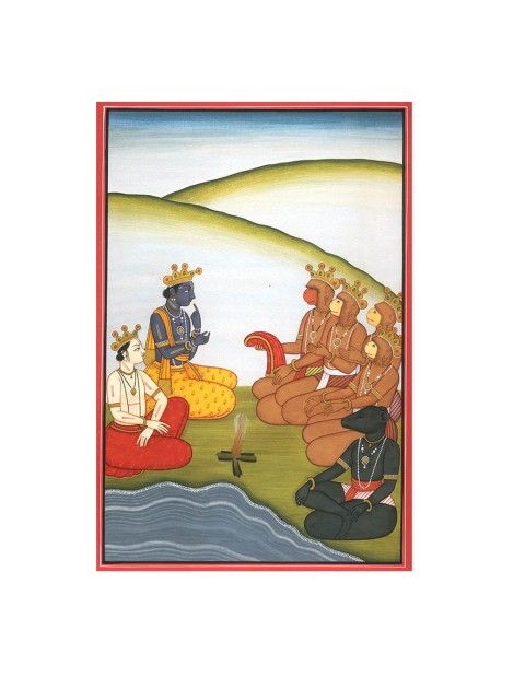

Exotic India Multicolored Rama and Lakshmana Confer with Sugriv, Hanuman Wall Art, Olive