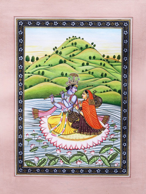 

Exotic India Multicoloured Radha-Krishna Steeped In Music Wall Art, Green
