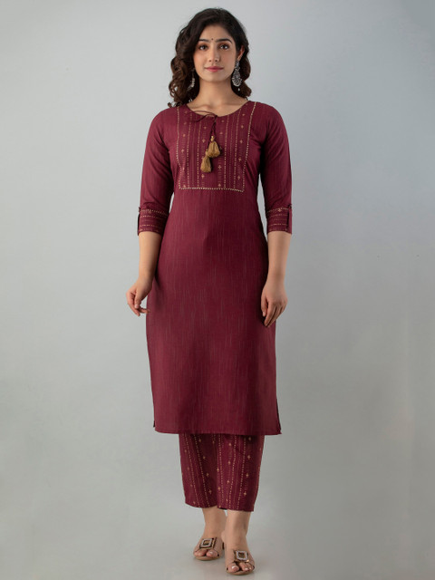 

Charu Women Maroon Ethnic Motifs Printed Kurta with Trousers & With Dupatta