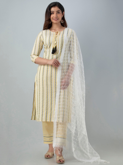 

Charu Women Yellow Striped Gotta Patti Kurta with Trousers & Dupatta