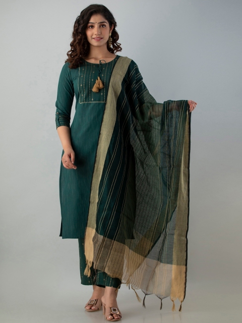 

Charu Women Green Embroidered Kurti Trousers & Dupatta