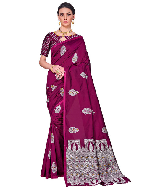 

SARIYA Purple & Gold-Toned Floral Zari Silk Blend Banarasi Saree