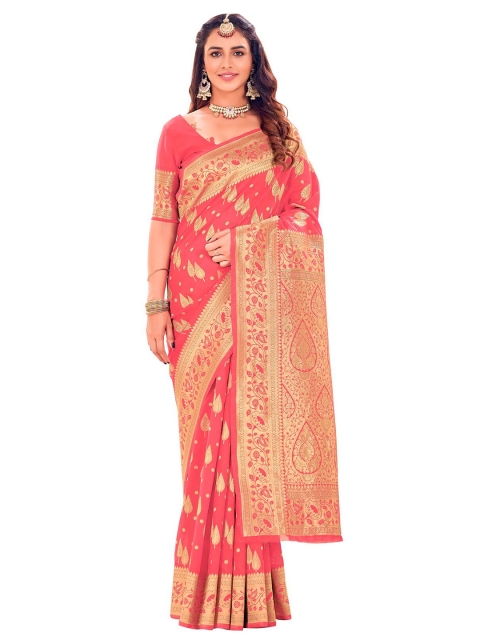 

SARIYA Peach-Coloured & Gold-Toned Ethnic Motifs Zari Silk Blend Banarasi Saree