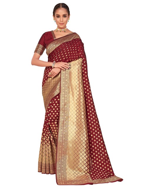 

SARIYA Maroon & Gold-Toned Banarasi Ethnic Print Zari Silk Blend Saree