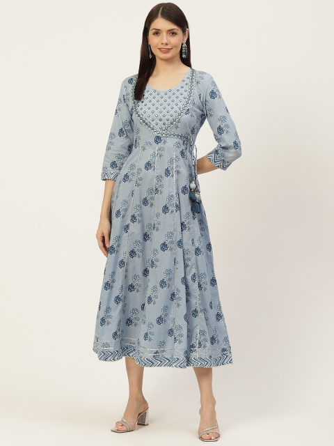 

YELLOW CLOUD Blue Ethnic Motifs Printed Pure Cotton Angrakha Ethnic Dress
