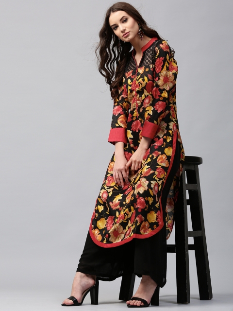 Libas Women Black & Red Chanderi Silk Printed Straight Kurta available at myntra for Rs.599