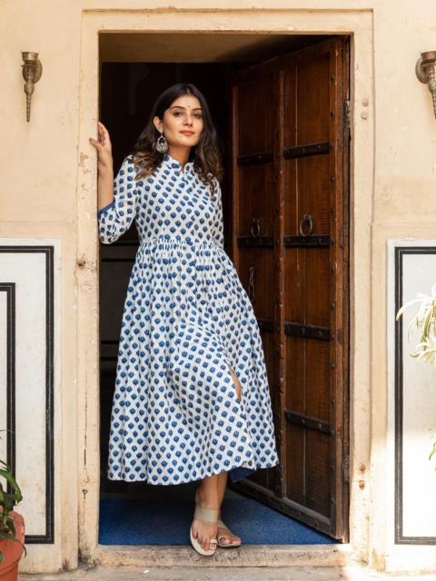 

Baisacrafts White & Blue Front Slit Cotton Midi Dress