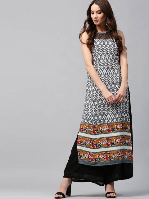 

Libas Women Grey & Off-White Printed Straight Kurta