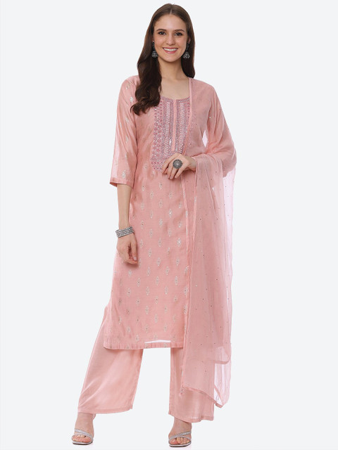 

Biba Peach-Coloured & Silver-Toned Embroidered Unstitched Dress Material
