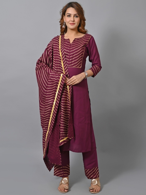 

VASTRAMANIAA Women Purple Printed Thread Work Kurti with Trousers & With Dupatta