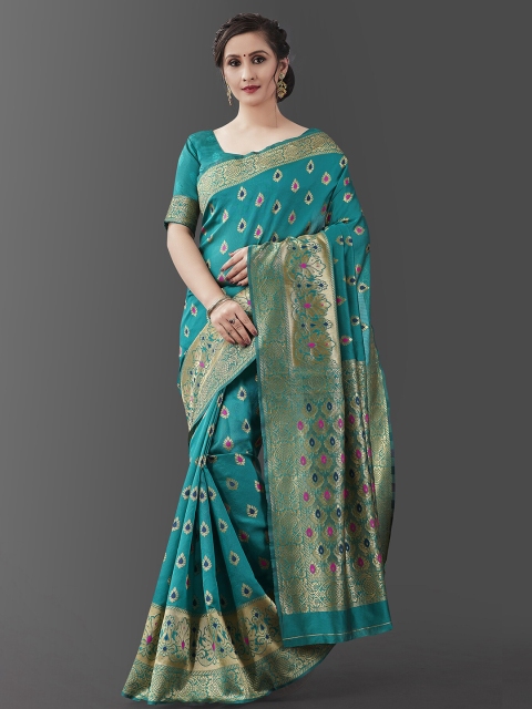 

Jinax Teal & Gold-Toned Woven Design Pure Silk Banarasi Saree