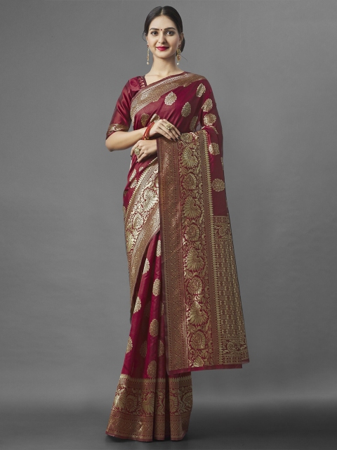 

Jinax Women Maroon & Gold-Toned Ethnic Motifs Zari Pure Silk Banarasi Saree