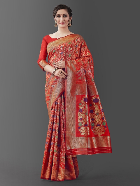 

Jinax Red & Gold-Toned Woven Design Zari Pure Silk Banarasi Saree