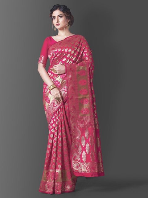 

Jinax Pink & Gold-Toned Woven Design Zari Pure Silk Banarasi Saree