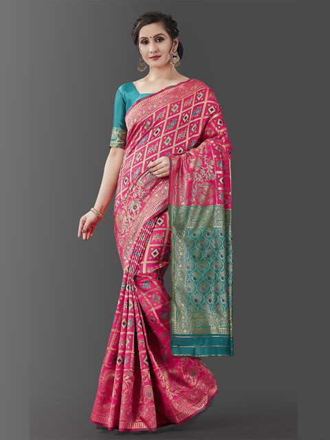 

Jinax Pink & Blue Woven Design Zari Pure Silk Banarasi Saree