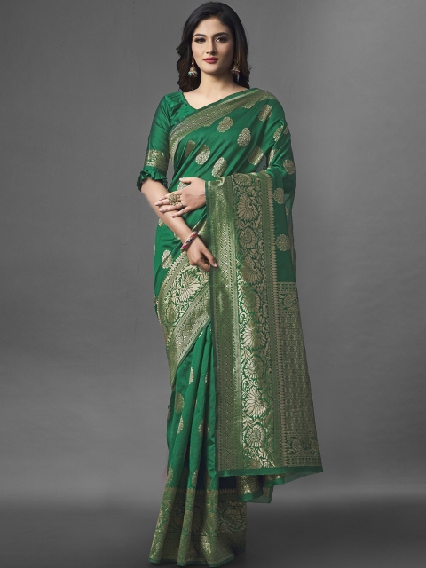 

Jinax Green & Gold-Toned Woven Design Zari Pure Silk Banarasi Saree