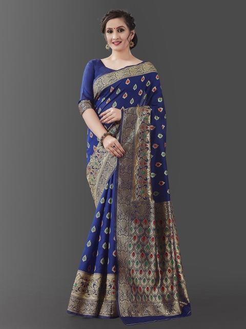 

Jinax Navy Blue & Gold-Toned Woven Design Zari Pure Silk Banarasi Saree