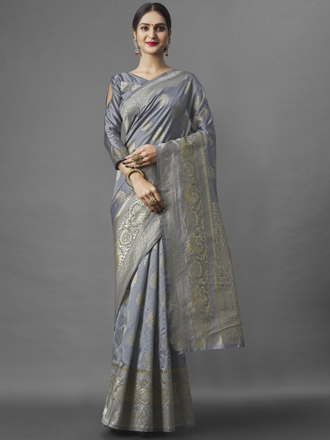 

Jinax Grey & Gold-Toned Ethnic Motifs Zari Pure Silk Banarasi Saree