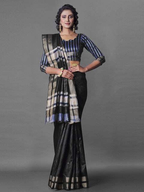 

Jinax Black & Blue Striped Zari Pure Silk Banarasi Saree