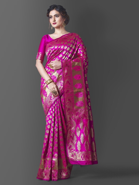 

Jinax Pink & Gold-Toned Ethnic Motifs Zari Pure Silk Banarasi Saree