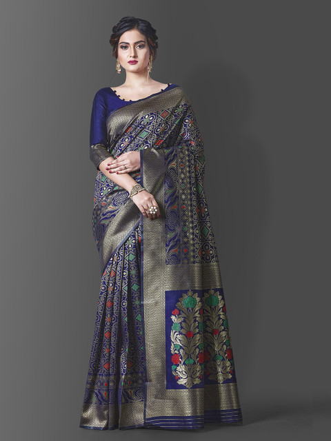 

Jinax Women Navy Blue & Gold-Toned Woven Design Zari Pure Silk Banarasi Saree