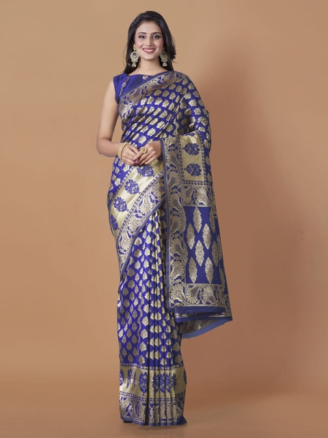 

Jinax Women Navy Blue & Gold-Toned Ethnic Motifs Zari Pure Silk Banarasi Saree