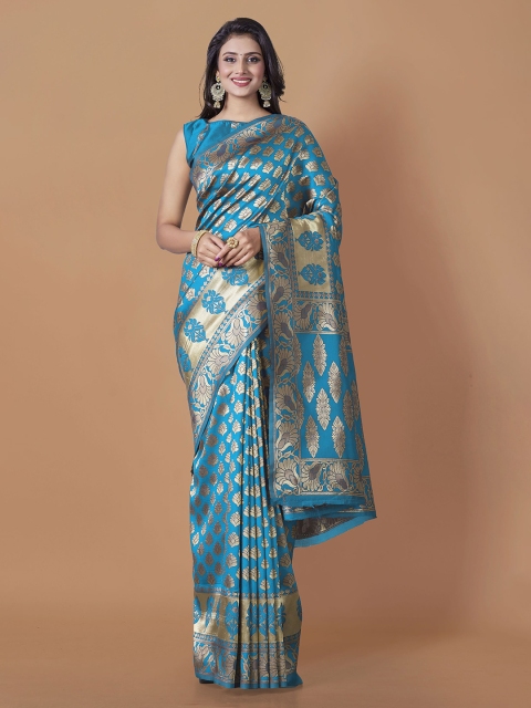 

Jinax Blue & Gold-Toned Floral Zari Pure Silk Banarasi Saree