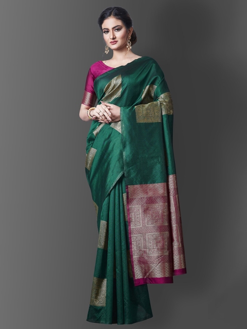 

Jinax Green & Gold-Toned Woven Design Zari Pure Silk Banarasi Saree