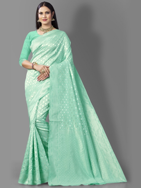 

Jinax Turquoise Blue & Silver-Toned Ethnic Motifs Zari Pure Silk Banarasi Saree