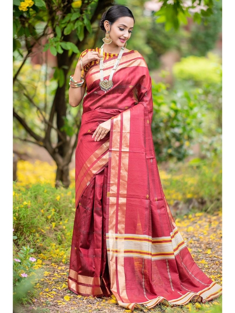 

Jinax Maroon & Gold-Toned Woven Design Zari Pure Silk Banarasi Saree