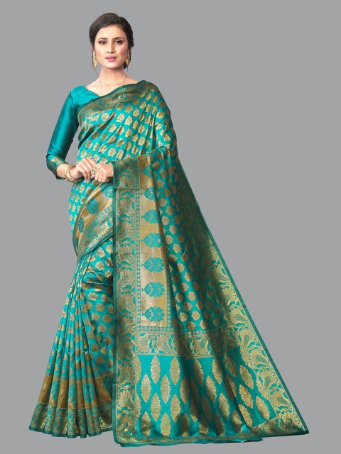 

Jinax Green & Gold-Toned Ethnic Motifs Zari Pure Silk Banarasi Saree