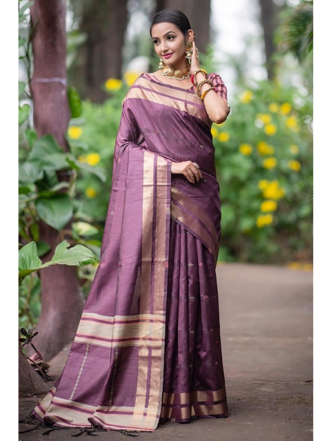 

Jinax Purple & Gold-Toned Woven Design Zari Pure Silk Banarasi Saree