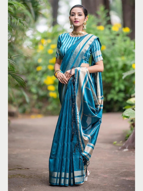 

Jinax Blue & Gold-Toned Woven Design Zari Pure Silk Banarasi Saree