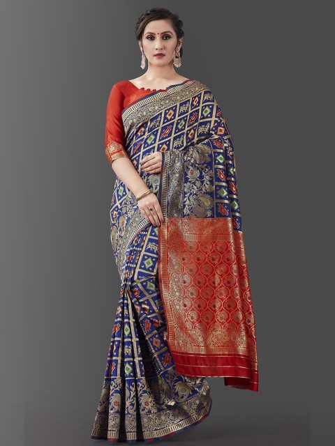 

Jinax Navy Blue & Red Woven Design Zari Pure Silk Banarasi Saree