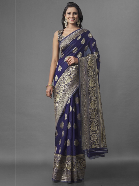 

Jinax Navy Blue & Grey Woven Design Zari Pure Silk Banarasi Saree