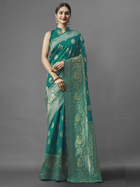 

Jinax Green & Gold-Toned Woven Design Zari Pure Silk Banarasi Saree