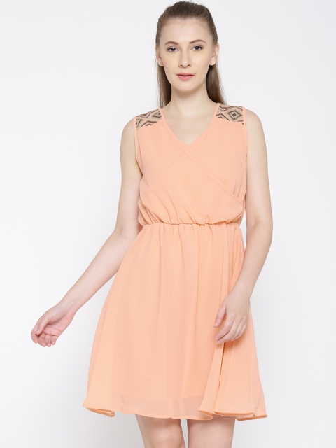

Madame Women Peach-Coloured Solid Blouson Dress