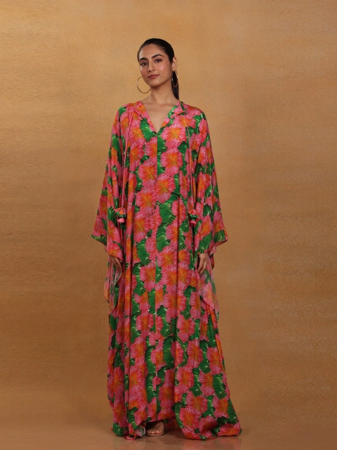 

Masaba Pink & Green Floral Kaftan Maxi Dress