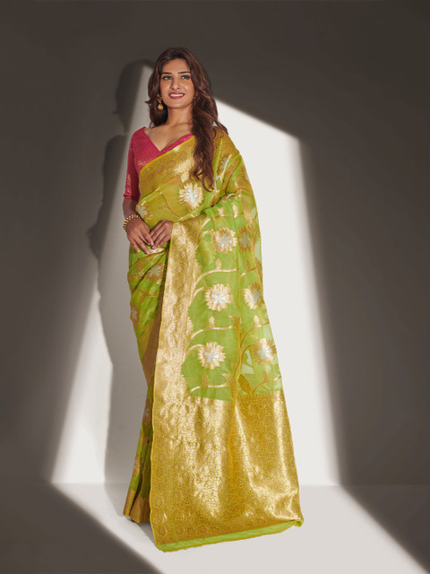 

elora Green & Gold-Toned Woven Design Organza Bhagalpuri Saree