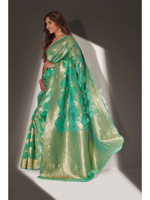 

elora Women Green & Gold-Toned Woven Design Zari Organza Bhagalpuri Saree
