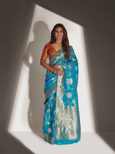 

elora Women Blue & Gold-Toned Woven Design Zari Organza Bhagalpuri Saree