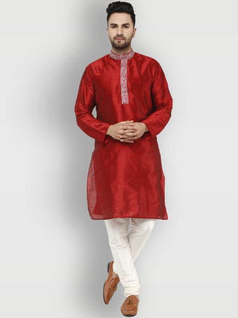 

Enciger Men Red & White Ethnic Motifs Embroidered Dupion Silk Kurta with Churidar