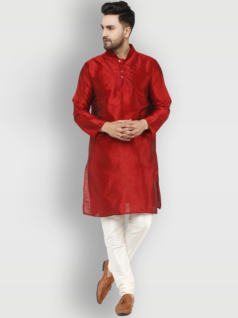 

Enciger Men Red Dupion Silk Kurta with Churidar