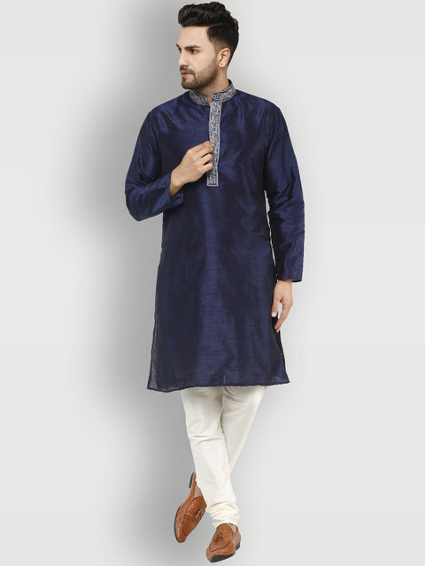 

Enciger Men Blue Thread Work Yoke Design Dupion Silk Kurta with Pyjama