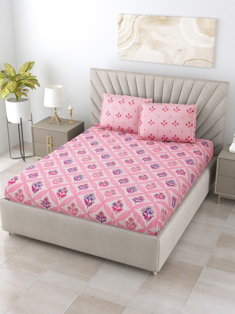 

BOMBAY DYEING Pink & Blue Floral 210 TC Queen Bedsheet with 2 Pillow Covers